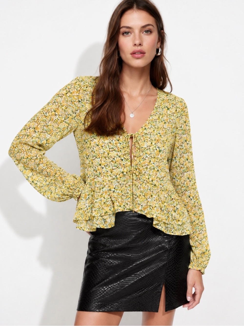 Revolve AFRM Citron Haze Yellow Floral Tie-Front Ruffle Top Size M